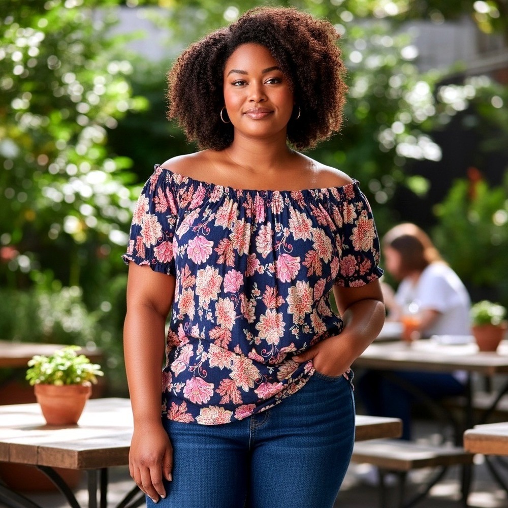 Old Navy Floral Off The Shoulder Blouse Navy Blue Pink Boho Top 3X Plus Size